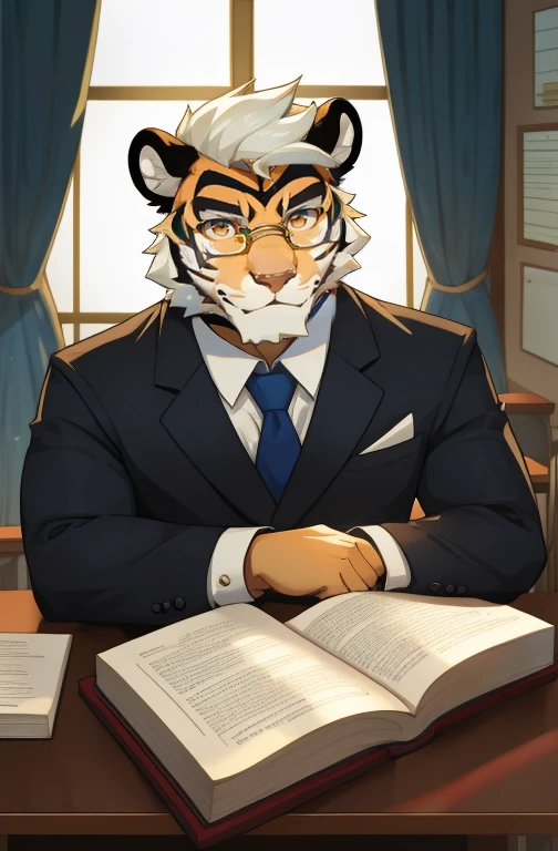 masterpiece,night,Anthropomorphic tiger,one person,(((s hair))),male,26 years old,thick eyebrows,Light-colored fur,Strong body,pectoralis major,(((,Black Teacher,gold watch,blue and black glasses))),full-body shot,在classroomAttend class,(((holding a textbook))),(((Looking out the window)))dark night,Light,classroom,(((white hair))),Serious,Emotional Focus,read,peaceful,teacher,Attend class,Golden pupils,big eyes,Strong,Lying in bed,Full body image,天空dark clouds密布,cloudy day,Green Plants,it'it'rain,Big Tree,High-rise,dark clouds(((background:高中classroom1.5))),(((Detailed character description))),