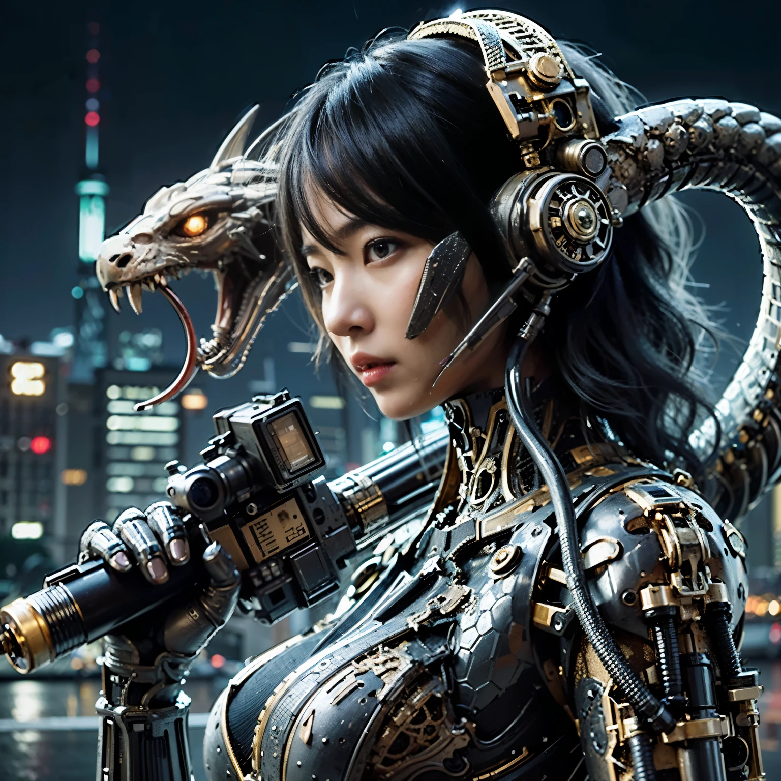 Masterpiece, (ultimate quality:1.2), 8k, Japanese woman in turtle-type powered suit, silver base with yellow and black accents, very beautiful face, mechanical, (mechanical bat wings), jet pack, hydraulic cylinder, power pipe, ultimately intricate details, full body shot, (ultimate photo Realistic:1.37), future metropolis at night, (Steampunk: 1.2), (Cyberpunk), Full body photo, Wide-angle shot,
