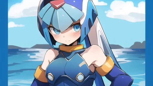 Leviathan Megaman 1 girl, looking at viewer, blue hair, Blue eyes, sea background , half body , Blushed, normal clothes