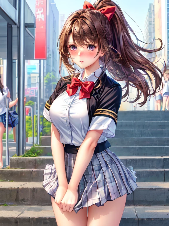 ((highest quality, High resolution, Perfect Pixel, 4K))), 1 female, Beautiful woman、I could see the whole body、Go down the subway stairs、Lots of commuters、 ((ponytail, bangs, Brown Hair)), ((Brown eyes, Beautiful eyelashes, Realistic eyes)), ((Detailed face, blush:1.2))、((Anime CG Style)), beautiful and big breasts、Perfect body, ((Red bow tie, Black open jacket, White short sleeve shirt, Checked mini skirt)), Embarrassed expression、 (The wind is blowing my skirt away:1.3)、 Diagonal side angle, Dynamic Angle、Naughty wind、((Transparent panties in full view))、
