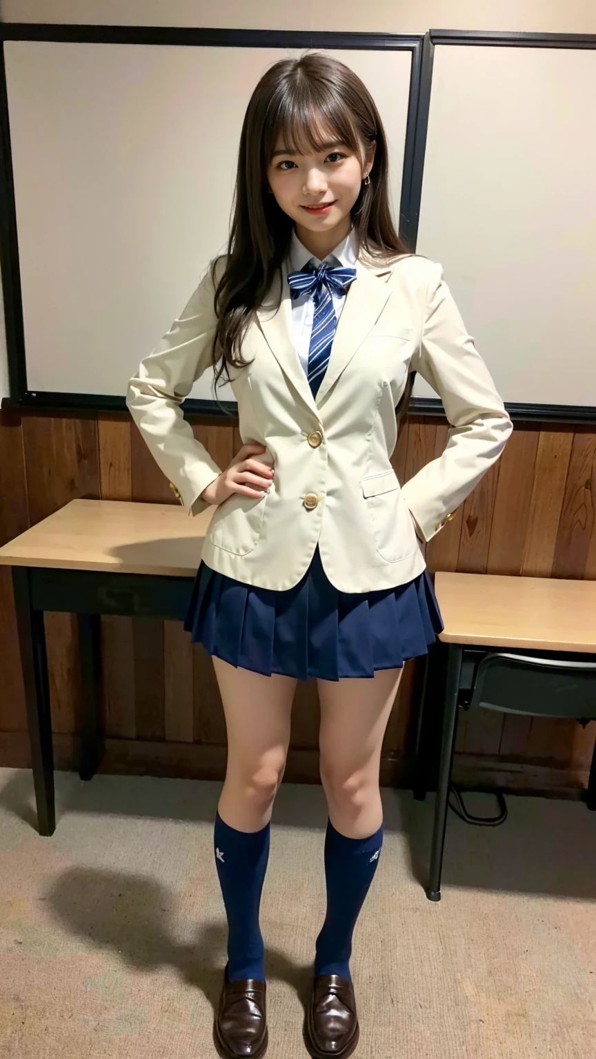 (8k、RAW Photos、highest quality、masterpiece:1.2)、(Realistic、Realistic)、1 girl、((uniform、blazer、Check mini skirt、Navy blue socks、loafers、classroom、Large Breasts、View from the front、smile、Stand with hands on hips))、Lots of eyelashes、Glowing eyelids、skeletally correct