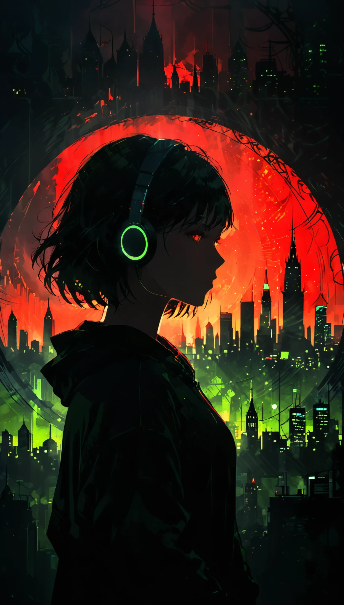 (artist by Florence Broadhurst:1.2),1girl,bob cut,hoodie,headphones,silhouette, (skyline:1.3),(cityscape:1.4),a big iron tower,Standing at the top of the tower,solo,green theme,low saturation,silhouette,(Background with rich lines:1.8),abstract background,detail glow red eyes,(looking the view:1.5),Girl with red eyes,(Dark atmosphere,shadow,Silhouette,Minimalist style,dark,Very strong darkness:1.8),glowneon,cowboy_shot,(fisheye:1.3)