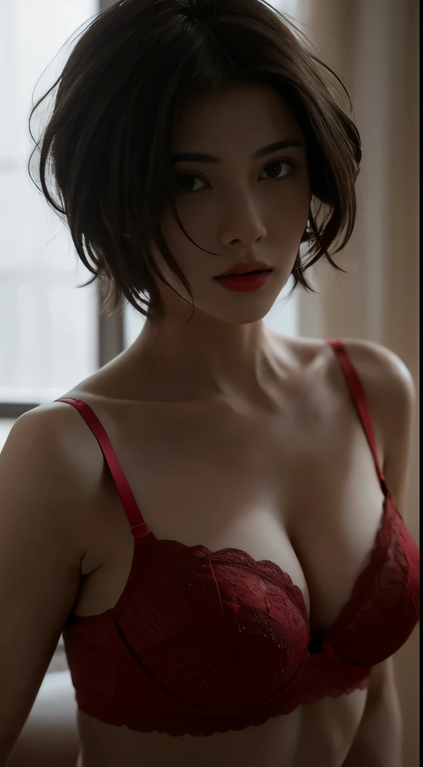 Best quality, masterpiece, ultra high res, (photorealistic:1.5), raw photo, 1girl, offshoulder, in the dark, deep shadow, low key, cold light, sexy look, short hair, bra strap, red