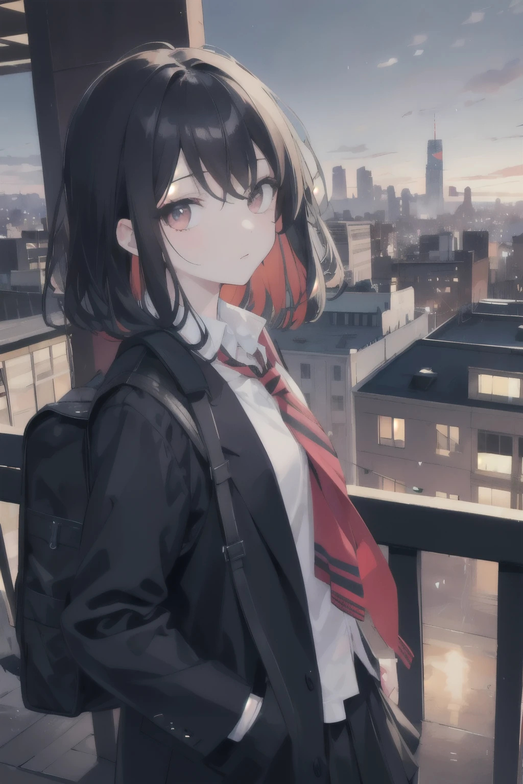 8K, masterpiece, highest quality, Illustration image, One Girl, 全てBlack Hair, semi-long, City night downtown in the background, Being on the ground, spring, high school student, uniform, Warm colors, Black schoolback, school bag, Accurate and highly detailed backgrounds, cute, Detailed face, Fine grain, Beautiful Eyes, Face forward and then glance sideways at the viewer diagonally below, Put your hands in your pockets, Black Hair, Pale colors,