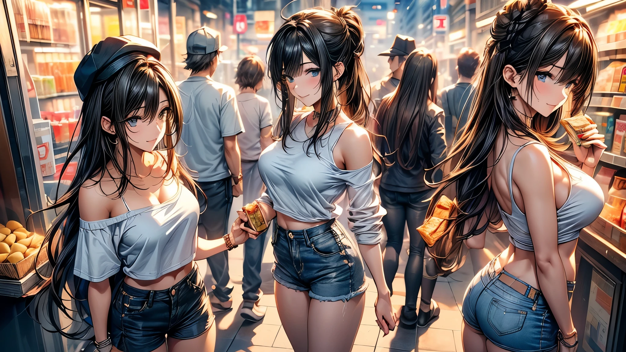 (masterpiece, best quality, Super detailed, high resolution, Extremely detailed CG, CG unity, official art, Professional lighting, Perfect anatomical structure, Anime Colors), (full-body shot/Cowboy shooting), (Front view/side view/Top view/Top view), Looking at the audience, rest 一個, 24 years old, Beautiful women, alone, Medium Breast, Perfect body, Slim body, /black /White T-shirt, Bare shoulders, Bare belly, Denim shorts, /Hole, Bare legs, Hip hop hats, nail_polishing, White skin, silky skin, Black Hair, Long hair, Single ear side lock, Waterfall-like straight hair, blue eyes, long upper eyelashes, Upper Eye, beautiful eyes, (Smile), Sexy and cute, rest (Night:1.5), Tokyo, (convenience store:1.3), outdoor, Detailed background, Clear focus, Depth of Field, Bokeh, Perfect layer cutting, rest walking, Waiting for friends, (((Holding in hand /a cup of coffee /A bottle of water /A packet of potato chips /One sandwich)))