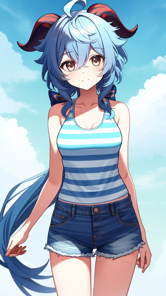 1 girl, solo, Ganyu (Genshin), chest, horns, long hair, blue hair, ahoge, looking at camera, holding, blushing, bangs, absolute territory, purple eyes, medium breasts, goat horns,, very long hair , standing, closed mouth, , side lock, cowboy shot, fluffy, red eyes, hair between the eyes, (colorful cloud background blur) 1.2, fluffy, soft, ((best quality)), ( Highly detailed, top details, official art, beauty, aesthetics: 1.2), text frame depth, composition, ((blue striped tank top)), denim shorts,