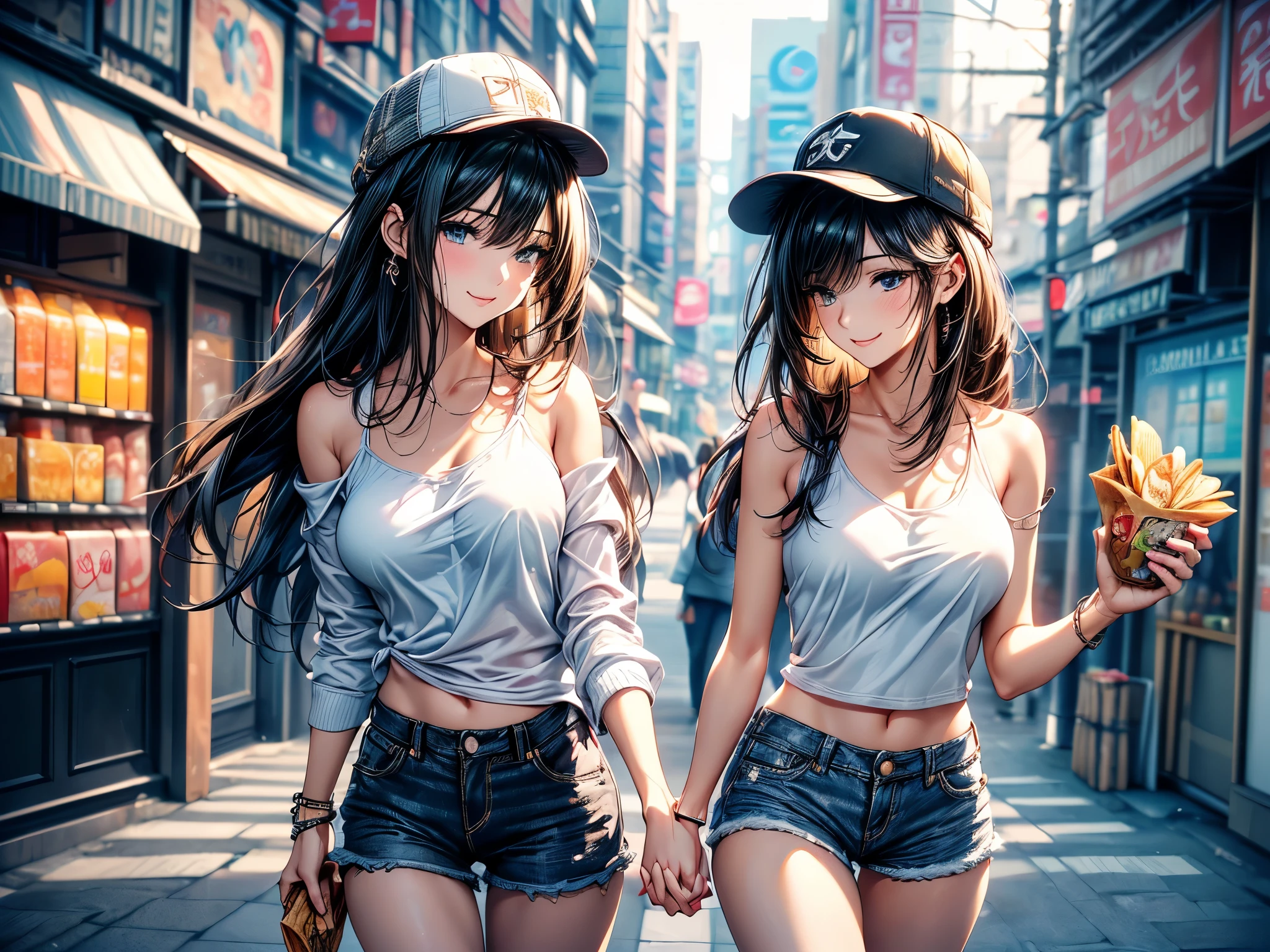 (masterpiece, best quality, Super detailed, high resolution, Extremely detailed CG, CG unity, official art, Professional lighting, Perfect anatomical structure, Anime Colors), (full-body shot/Cowboy shooting), (Front view/side view/Top view/Top view), Looking at the audience,
rest 一個, 24 years old, Beautiful women, alone, Medium Breast, Perfect body, Slim body, /black /White T-shirt, Bare shoulders, Bare belly, Denim shorts, /Hole, Bare legs, Hip hop hats, nail_polishing, White skin, silky skin, Black Hair, Long hair, Single ear side lock, Waterfall-like straight hair, blue eyes, long upper eyelashes, Upper Eye, beautiful eyes, (Smile), Sexy and cute,
rest (Night:1.5), Tokyo, (convenience store:1.3), outdoor, Detailed background, Clear focus, Depth of Field, Bokeh, Perfect layer cutting,
rest walking, Waiting for friends, (((Holding in hand /a cup of coffee /A bottle of water /A packet of potato chips /One sandwich)))
