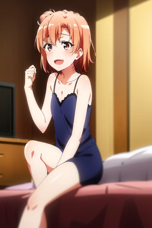 ((highest quality)), ((masterpiece)), (be familiar with), Perfect Face, indoor, Bedroom, Watching the audience,
One woman, Yuigahama Yui,
Open Mouth, Ecstatic expression, blush, smile,
Small breasts, Flat Chest, Young Girl, , , Girl,
Short Hair, Salmon-colored hair, Salmon-colored eyes, Side Pony,
Leg spread,