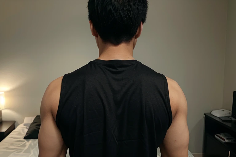 Man back body, black tshirt, asian man, bedroom background