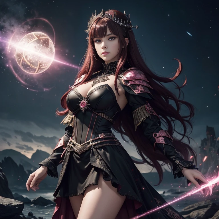 (master piece:1.5), (best quality:1.5), 8k,wallpaper, Full Body Female dark red hair dark fantasy girl wearing an intricate elaborate futuristic black armor with black mini dress with elaborated pink ornaments, black short mini skirt with elaborated pink ornaments, wearing a large staff, conjuring a magic circle, stars, night castle background with a big floating rock behind in the distance, ethereal lightning, sharp focus