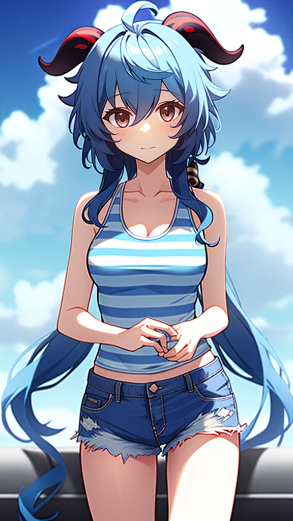 1 girl, solo, Ganyu (Genshin), chest, horns, long hair, blue hair, ahoge, looking at camera, holding, blushing, bangs, absolute territory, purple eyes, medium breasts, goat horns,, very long hair , standing, closed mouth, , side lock, cowboy shot, fluffy, red eyes, hair between the eyes, (colorful cloud background blur) 1.2, fluffy, soft, ((best quality)), ( Highly detailed, top details, official art, beauty, aesthetics: 1.2), text frame depth, composition, ((blue striped tank top)), denim shorts,