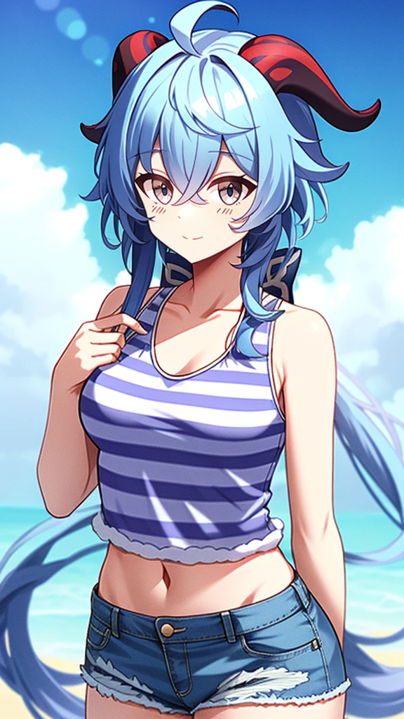 1 girl, solo, Ganyu (Genshin), chest, horns, long hair, blue hair, ahoge, looking at camera, holding, blushing, bangs, absolute territory, purple eyes, medium breasts, goat horns,, very long hair , standing, closed mouth, , side lock, cowboy shot, fluffy, red eyes, hair between the eyes, (colorful cloud background blur) 1.2, fluffy, soft, ((best quality)), ( Highly detailed, top details, official art, beauty, aesthetics: 1.2), text frame depth, composition, ((blue striped tank top)), denim shorts,