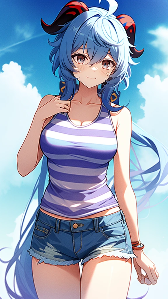 masterpiece, best quality, <lora:shizuru-nvwls-v1-000009:0.9> defshizuru, long hair, hair ribbon, white tank top, shorts, from behind, looking at viewer, large breasts, arms at sides, leaning forward, sky, clouds