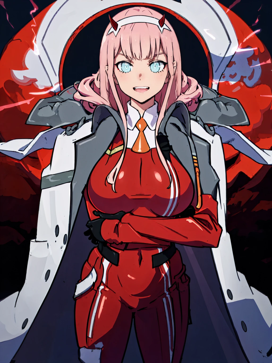 masterpiece, best quality, IncrsLowTier, electricity, glowing eyes zerotwo horns, hairband, necktie, red dress,  horns, hairband, red bodysuit, armlet,  horns, hairband, white bodysuit, white gloves, eaked cap, red dress, white gloves, jacket on shoulders, , cyber_armor body_suit,huge_breast, tall female, fulll body, sun light, smile,, sun aura,, boots, standing, smile, lips, red lips,{best quality}, {amazing quality} {best quality},{amazing quality},, {absurdres},{{highres}}, {very aesthetic}, {detailed}