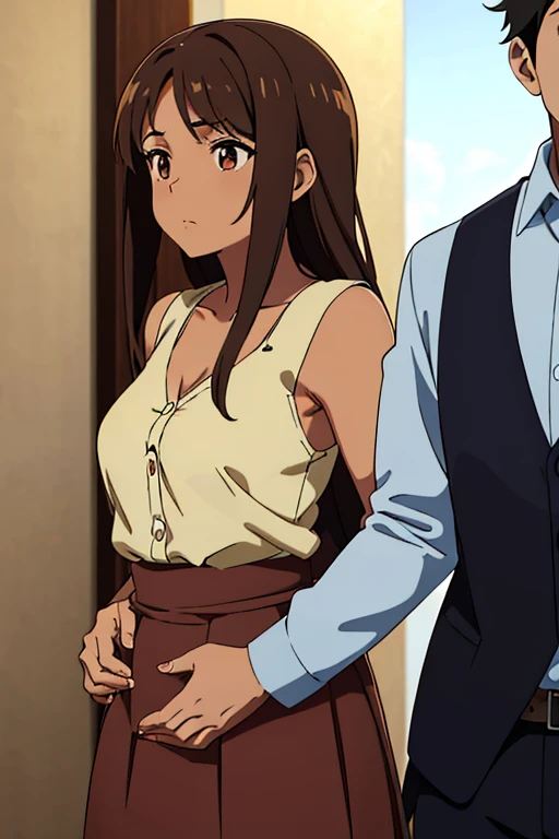 ((best quality)), ((masterpiece)), (detailed), perfect face, brown skin anime girl in a deep V-neck button-up cami top, (long skirt), she is hugging a handsome boy, the boy grabbing her stomach tightly