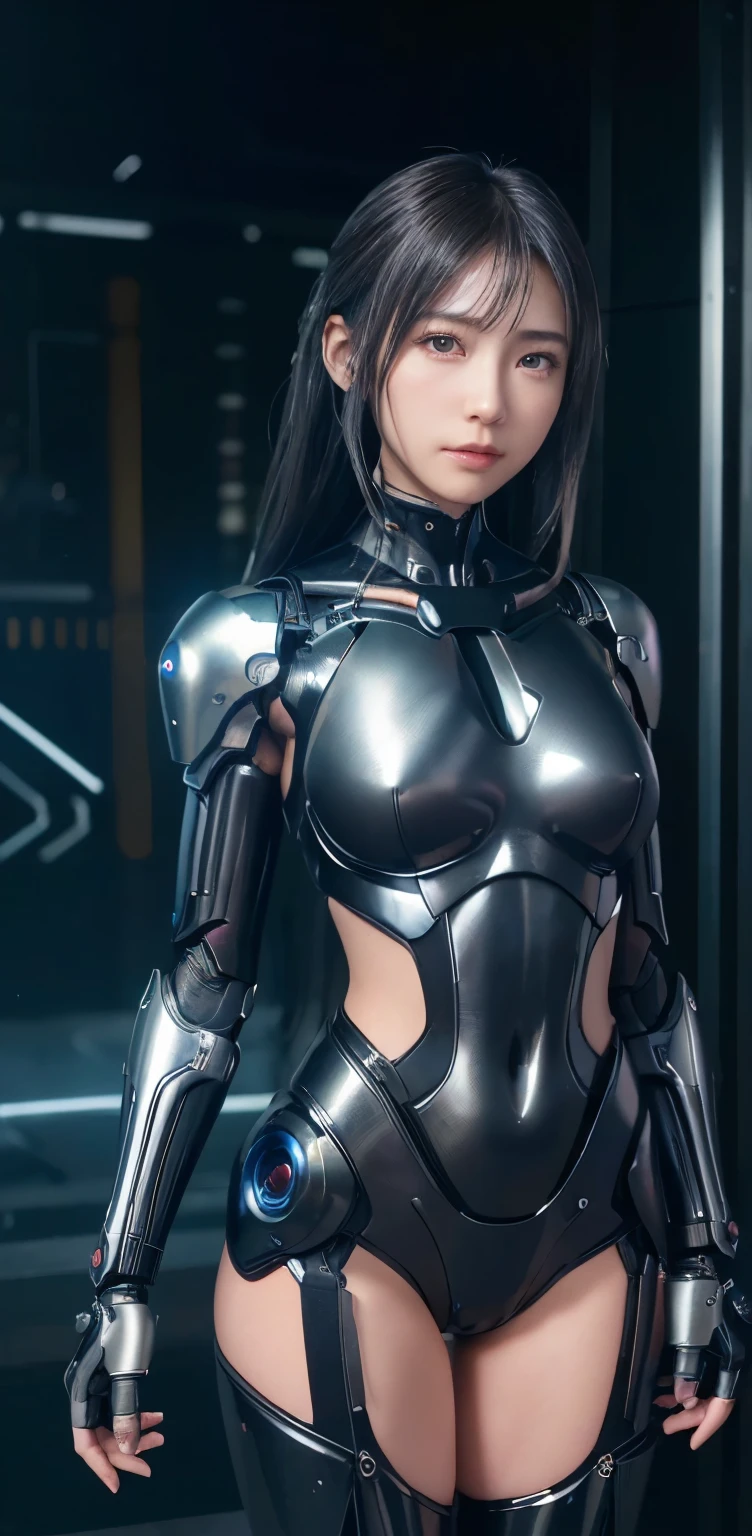masterpiece、((Black metallic tar scale ))、 ((Plug Suit)), ((beautiful girl:1.2))、I have an armed, mechanized body,、No armoured mechanised armour chest and abdomen、Mechanized back of the head、Body-fitting mecha leg rack metallic suit、 Are standing、Tied up、金属robot、((Cyberpunk Background))、(Neon Light)、(Futuristic Machine Factory Background)、Cyberdyne、Artificial body、All-metal body、Ironwork、Abdominal Mechanism、((robotアームとハンド))、((robotの脚))、((Machine Neck))、Inside the spaceship、beautiful girl、16 years old、Asian Beauty, (Actuators and cables exposed from the abdomen.、金属robotの首から胴体まで接続、Complex 3d rendering beautiful porcelain profile super become closed female android face、cyborg、robot部品、150mm、Beautiful studio soft light、Rim Light、Sharp details、Gorgeous Cyberpunk、Ren Hao、超Realistic、Anatomical、Facial muscles、Cable Wire Microchip、elegant、Beautiful background、Octane Rendering、HR Giger Style、8k、highest quality、masterpiece、Consciousness upward、Very delicate and beautiful、 非常にbecome closeなCG、Unity、wall-、(Realistic、Realistic:1.37)、wonderful、become close、masterpiece、highest quality、Official Art、Highly become closed CG Unity 8k wallpaper、Absurd、信じられないほどAbsurd、、robot、Silver beads、Whole Body Ezbian、 Are standing