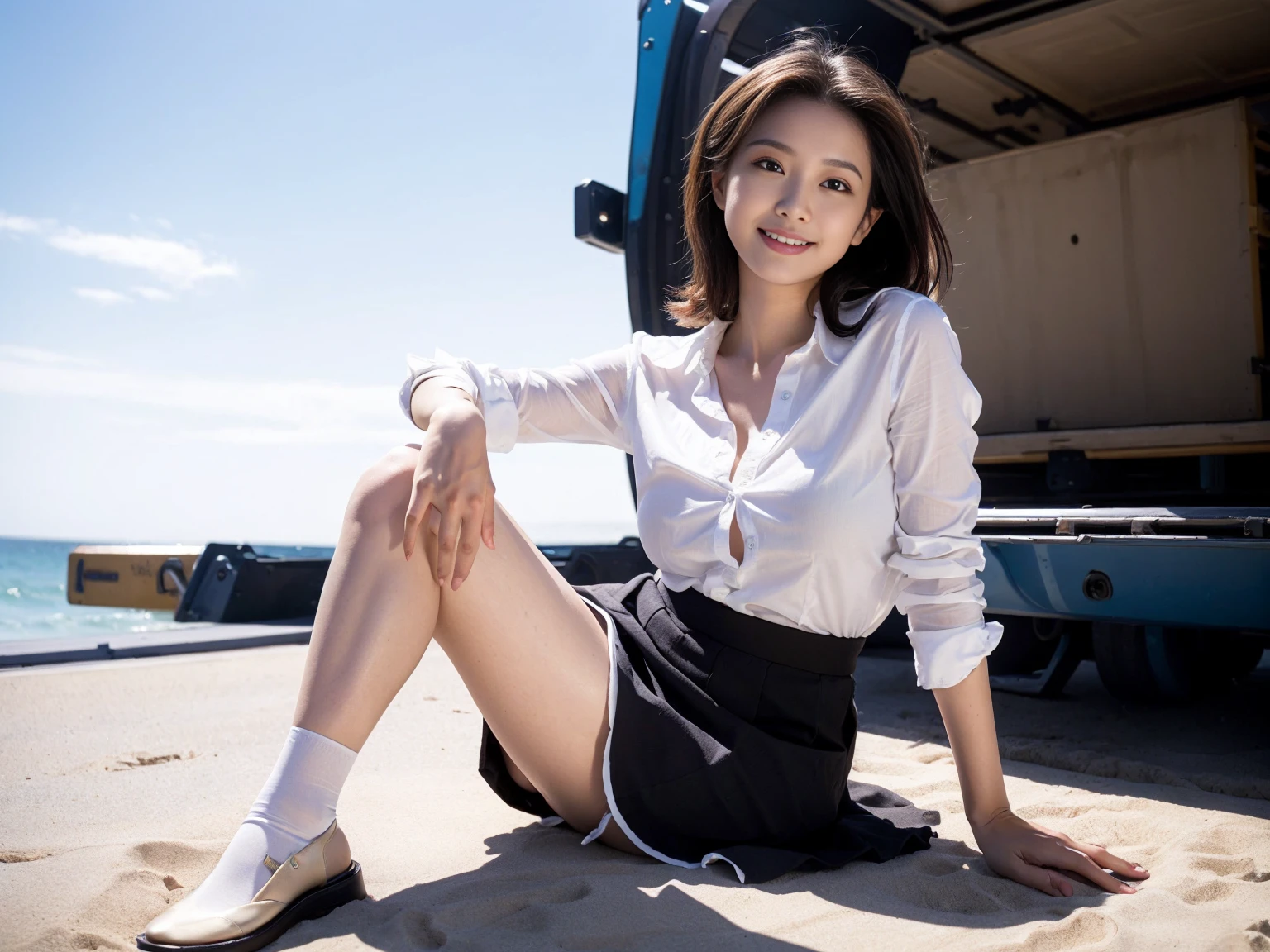 (reality: 1.4),highest quality, masterpiece, Attention to detail, 16K quality, beautiful, 1 beautiful girl,Japanese,super beautiful face,,Japanese idol face,Cute face,Highly detailed face,Detailed hand,beautiful skin,Oily skin,Big eyes,Professional Lighting,Medium Hair,Black Hair,brown beautiful eyes, Sit and keep up,Big smile,Spread your legs,(Skirt flip),Big Breasts,Sheer white shirt,Open button,(Check skirt),(White panties),Black high socks,She is looking at the camera,Daylight Saving Time,Beach,blue sky,Blue Ocean, Browsing Caution,from the front,