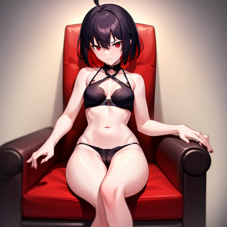 Small ,Black Hair,The inside of the hair is red,short hair,Black Bra,Black Dress,Red frills,Red eyes,Disdainful look,Sitting on the throne,,She has her legs spread towards me,M-shaped legs,naked,Sweatying her finger in her pussy,transformatasturbation behavior,r pants