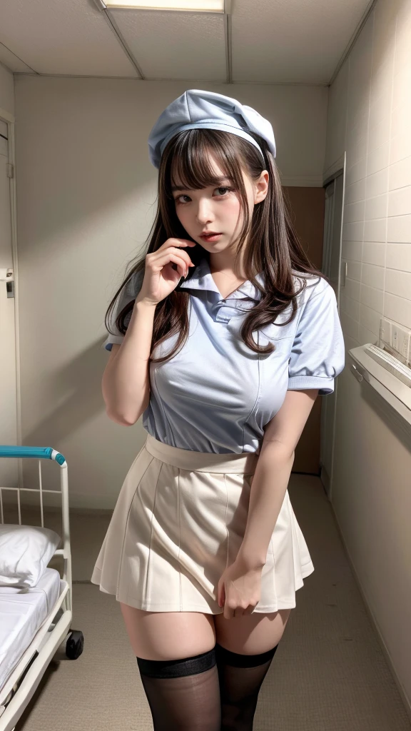 girl RAW photo, (masterpiece:1.1), (photorealistic:1.4), detailed eyes, detailed face, (huge :1.2), smiling, detailed pussy, detailed pussyの割れ目, anus, sexy nude body, thin waist, No crotch hair, sexy stockings, detailed fingers, The crack of her hairless pussy is exposed lewdly, I don&#39;t wear panties, Colorful bras exposed through colorful hospital uniforms, Breasts exposed through colorful hospital uniforms, Colorful panties exposed by the skirt of a colorful hospital uniform, Her colorful hospital uniform skirt is exposed and her pussy is exposed., Lie on the bed, bend your knees in an M shape and spread your legs to the limit.