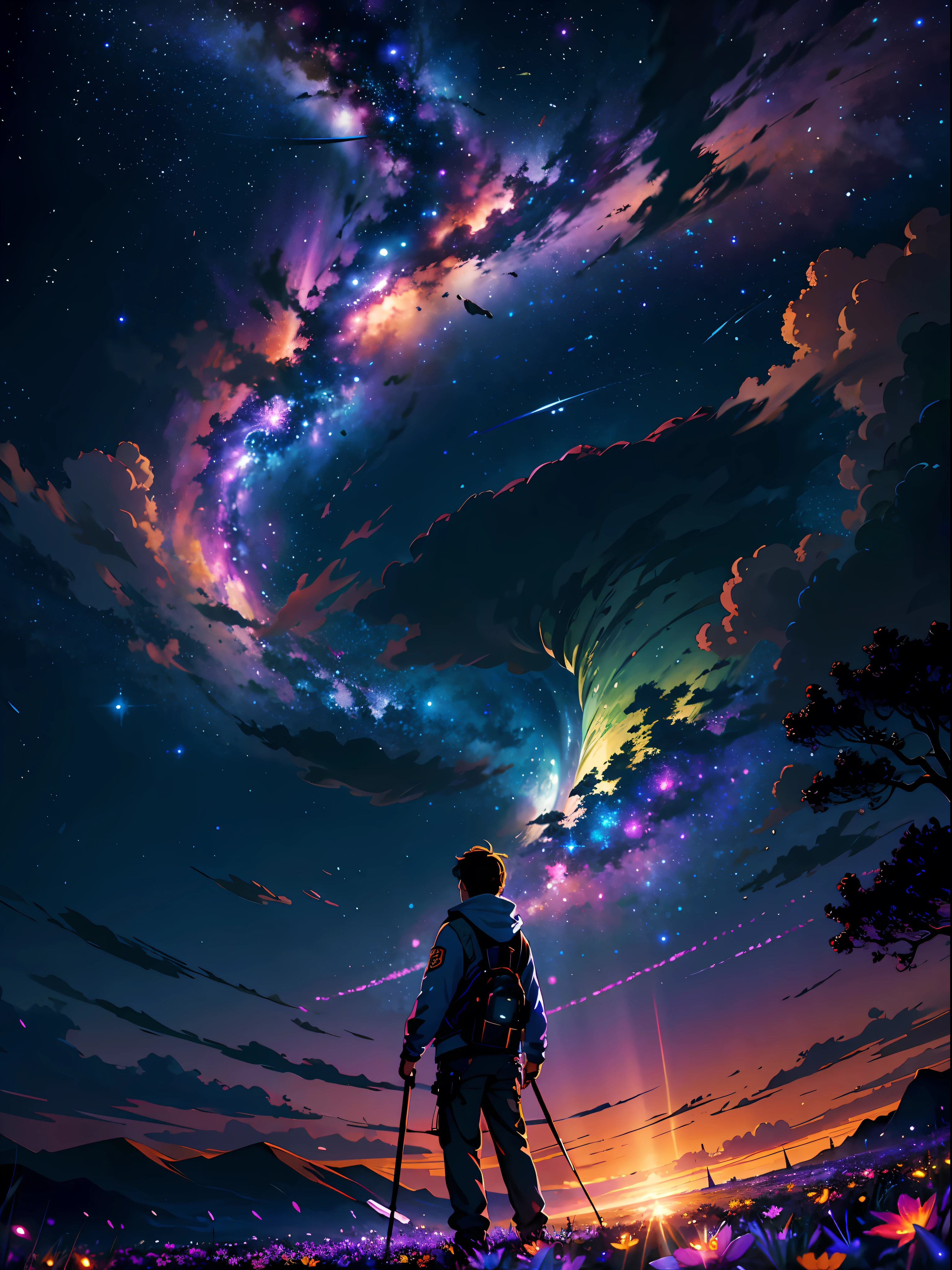Expansive Landscape Photography. , (una vista desde abajo que muestra el cielo arriba y el campo abierto debajo), A boy standing in the flower field looking up, (Luna llena:1.2), ( estrellas fugaces:0.9), (nebulosa:1.3), distant mountain, tree BREAK production art, (warm light source:1.2), (Firefly:1.2), lamp, mucho morado y naranja, detalles intrincados, BREAK volumetric lighting
(Obra maestra:1.2), (mejor calidad), 4k, ultra detallado, (dynamic composition:1.4), Muy detallado, detalles coloridos,( colores iridiscentes:1.2), (Bright lighting, atmospheric lighting), dreamer, magical, (solo:1.2)