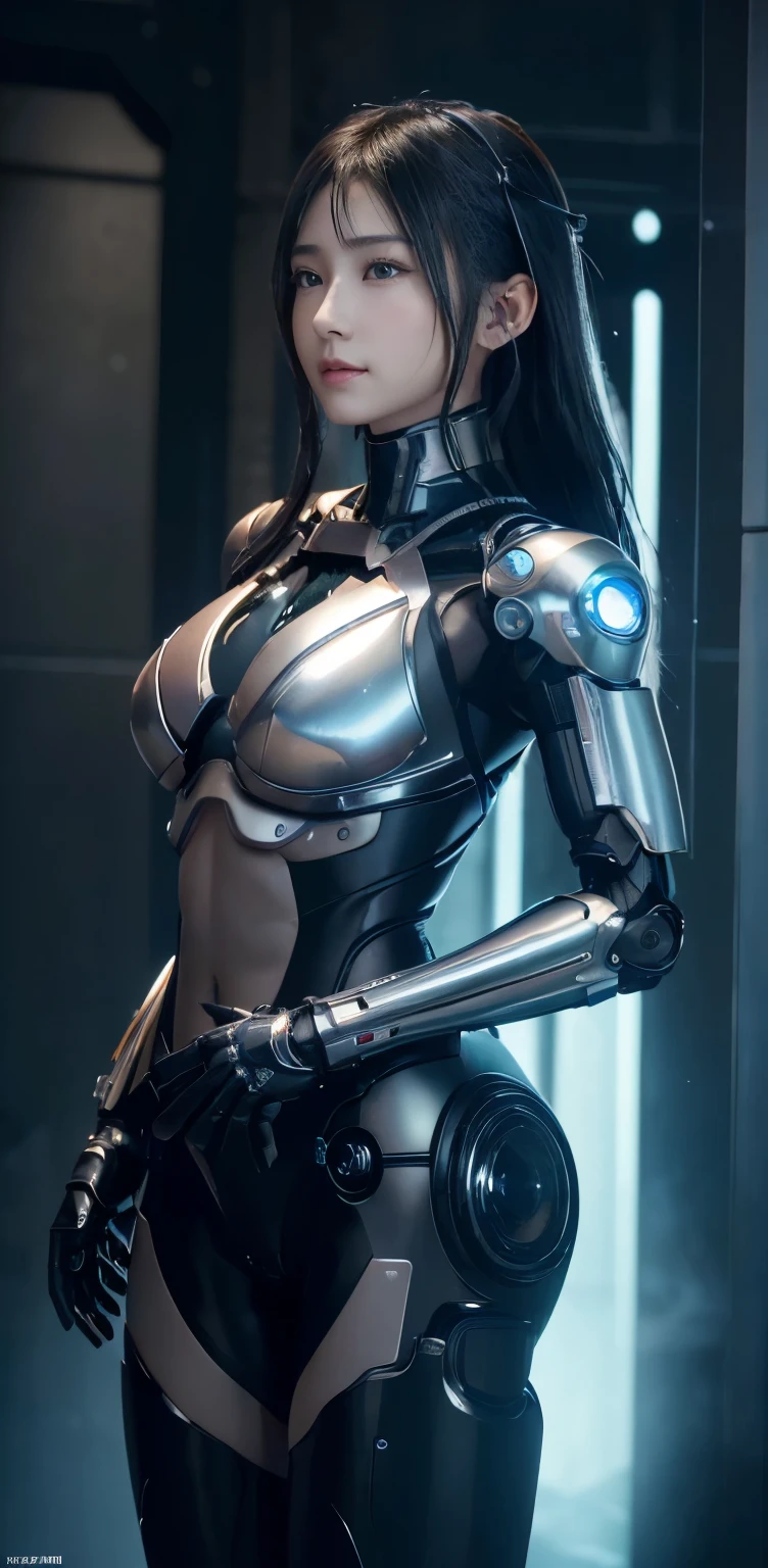 masterpiece、((Black metallic tar scale ))、 ((Plug Suit)), ((beautiful girl:1.2))、I have an armed, mechanized body,、No armoured mechanised armour chest and abdomen、Mechanized back of the head、Body-fitting mecha leg rack metallic suit、 Are standing、Tied up、金属robot、((Cyberpunk Background))、(Neon Light)、(Futuristic Machine Factory Background)、Cyberdyne、Artificial body、All-metal body、Ironwork、Abdominal Mechanism、((robotアームとハンド))、((robotの脚))、((Machine Neck))、Inside the spaceship、beautiful girl、16 years old、Asian Beauty, (Actuators and cables exposed from the abdomen.、金属robotの首から胴体まで接続、Complex 3d rendering beautiful porcelain profile super become closed female android face、cyborg、robot部品、150mm、Beautiful studio soft light、Rim Light、Sharp details、Gorgeous Cyberpunk、Ren Hao、超Realistic、Anatomical、Facial muscles、Cable Wire Microchip、elegant、Beautiful background、Octane Rendering、HR Giger Style、8k、highest quality、masterpiece、Consciousness upward、Very delicate and beautiful、 非常にbecome closeなCG、Unity、wall-、(Realistic、Realistic:1.37)、wonderful、become close、masterpiece、highest quality、Official Art、Highly become closed CG Unity 8k wallpaper、Absurd、信じられないほどAbsurd、、robot、Silver beads、Whole Body Ezbian、 Are standing