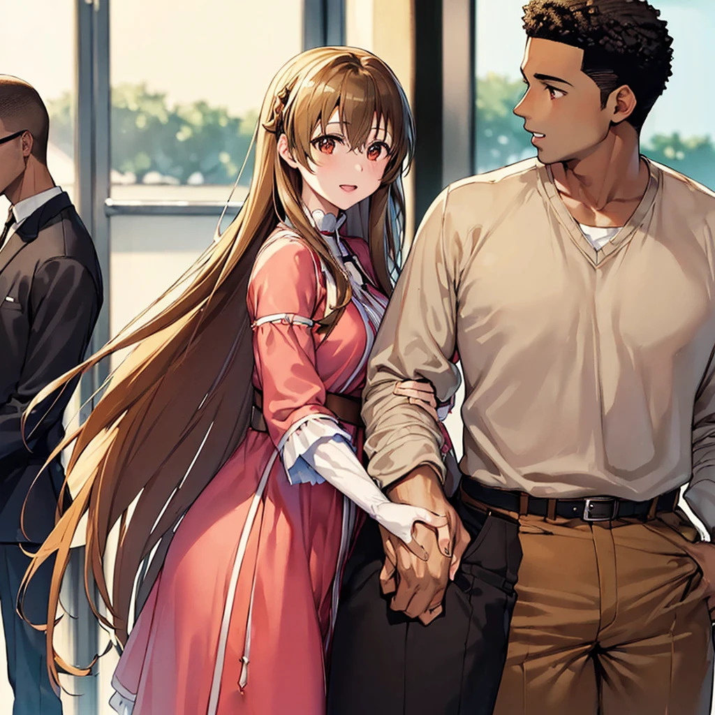 ((highest quality)), ((masterpiece)), Perfect Face、((Yuuki Asuna))、Brown Hair、((Black man and woman standing close together))、((Black man fondling woman&#39;s breasts))、((Woman pregnant with black boy))、((Black men and women naked))、((Black man with big erect dick and big balls))、((Black men have dark skin and strong bodies))、On the bed in the bedroom、Woman has happy expression