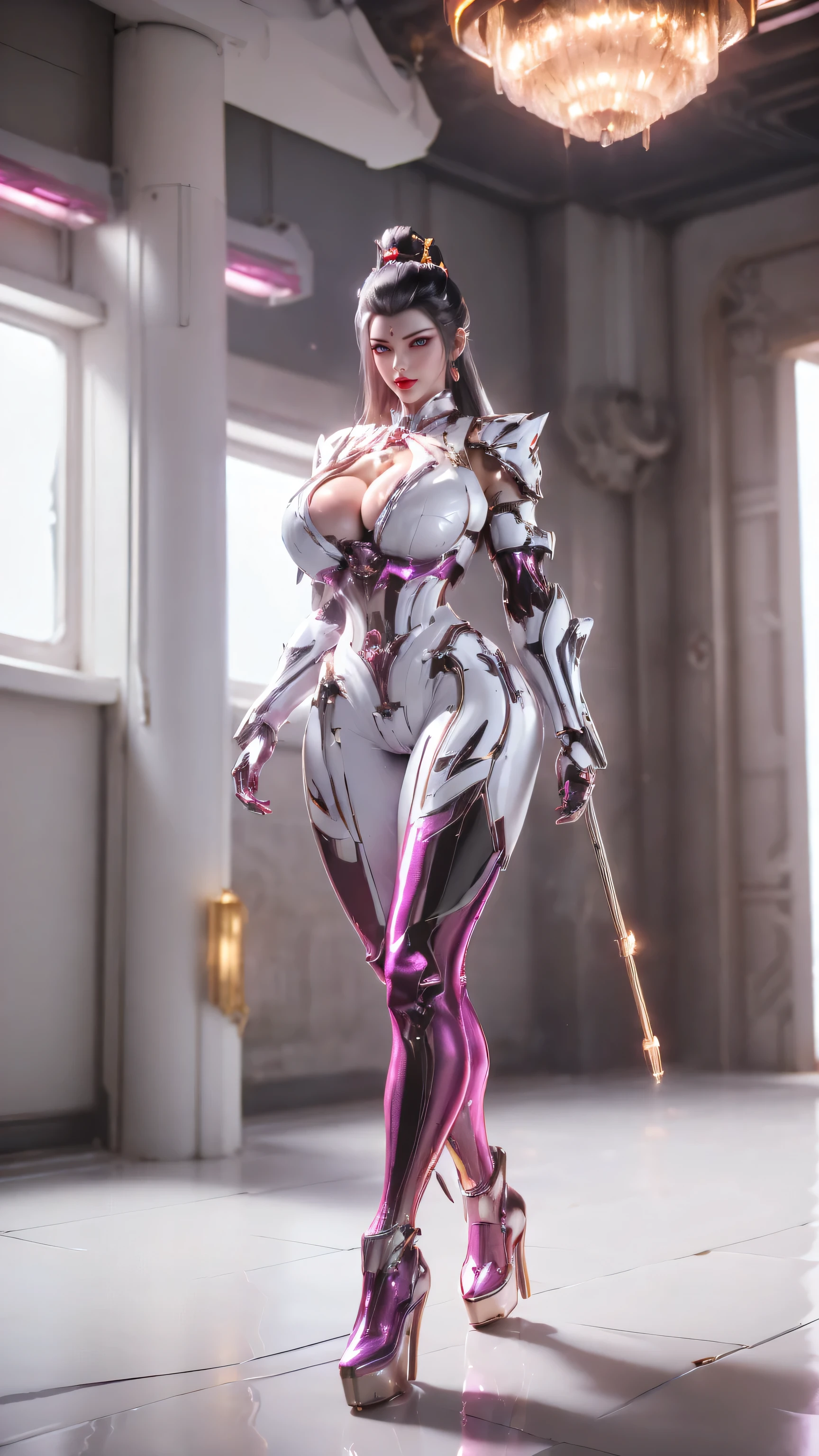 A beauty girl with black hair, (HYPER-REALISTIC:1.5), (PHOENIX GOLD HELM:1.1), (MUSCULAR BODY SHAPE,HUGE FAKE BREAST:1.5), (CLEAVAGE:1.5), (MUSCLE ABS:1.3), (MECHA GUARD ARMS:1.1), ((MAGENTA SHINY FUTURISTIC MECHA CROP TOP, BLACK MECHA SKINTIGHT LEGGINGS, WHITE MECHA GUARD ARMOR LEGS, HIGH HEELS:1.5)), (WET SWEATY BODYSKIN, LONG LEGS:1.1), (LOOKING AT VIEWER:1.3), (female focus:1), (WALKING IN HALLROOM OF FUTURISTIC SPACE STATION:1), (BRIGHT LIGHT WHITE_ROOM:1.3), HYPER TEXTURE, (4X MSAA), (UNREAL ENGINE 5 RENDER), PHYSICALLY-BASED RENDERING, ULTRA HIGHT DEFINITION, 16K, 1080P.