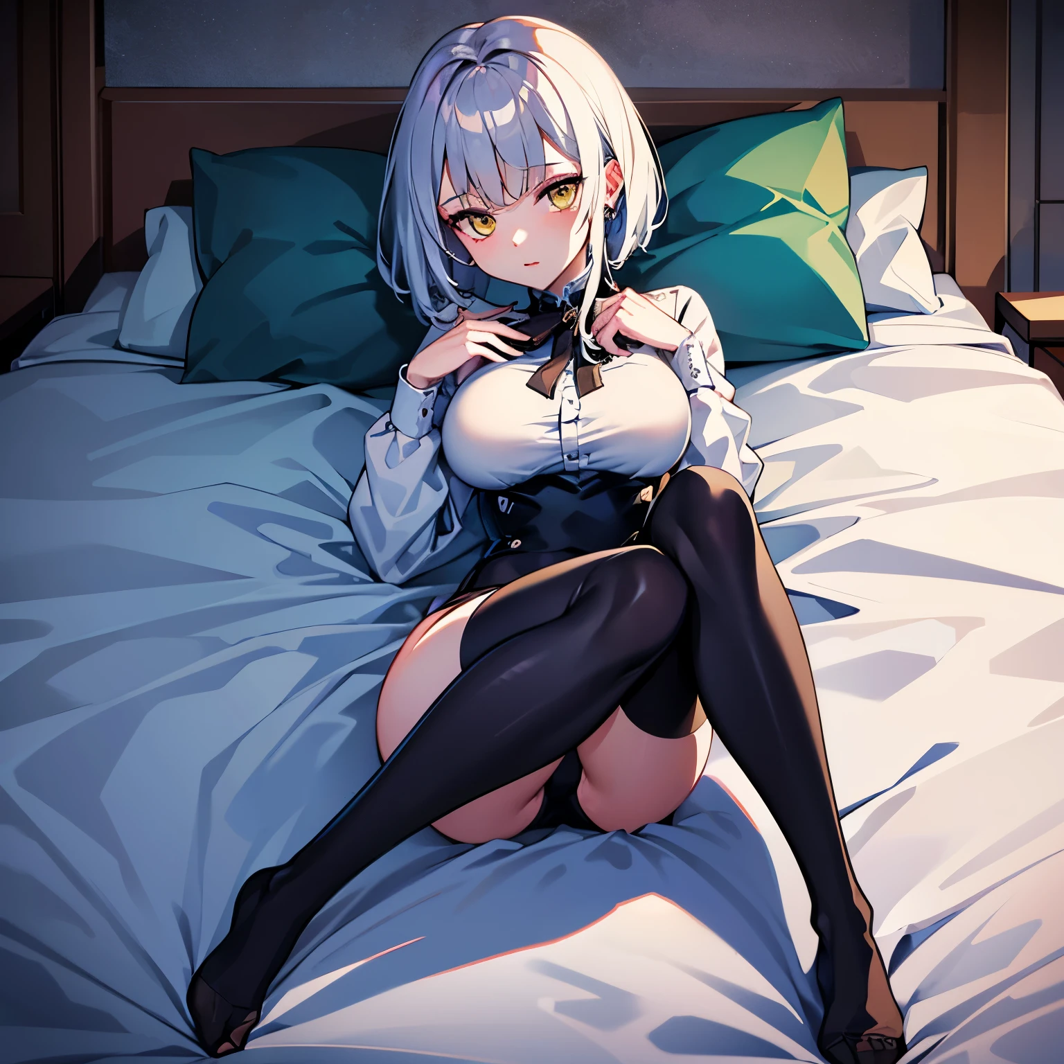 (Very detailed CG ユニティ 8k 壁紙)、(masterpiece)、(highest quality)、(Very detailed)、(Best illustrations)、(Best Shadow)、alone、One Girl、Yellow Eyes、Luxurious earrings、shirt、白shirt、black tights、evening、Lying in bed、((Point your feet towards the viewer))、short hair、Shiny skin、Shiny texture、Big Breasts