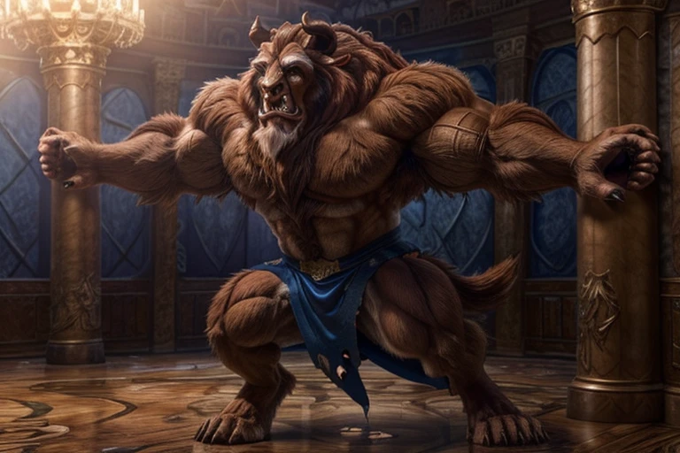 A photorealistic image of the Beast from the movie Beauty and the Beast, super muscular giant, with muscular arms, broad shoulders, giant and toned physique, bursting muscular veins, blue eyes, tail, super furry brown fur, horns facing backwards, roaring, barefoot, wearing a torn blue tuxedo, in a ballroom, seen from the front