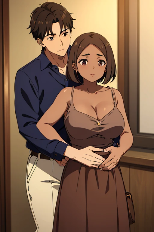 ((best quality)), ((masterpiece)), (detailed), perfect face, brown skin anime girl in a deep V-neck button-up cami top, (long skirt), she is hugging a handsome boy, the boy is grabbing her stomach tightly from behind