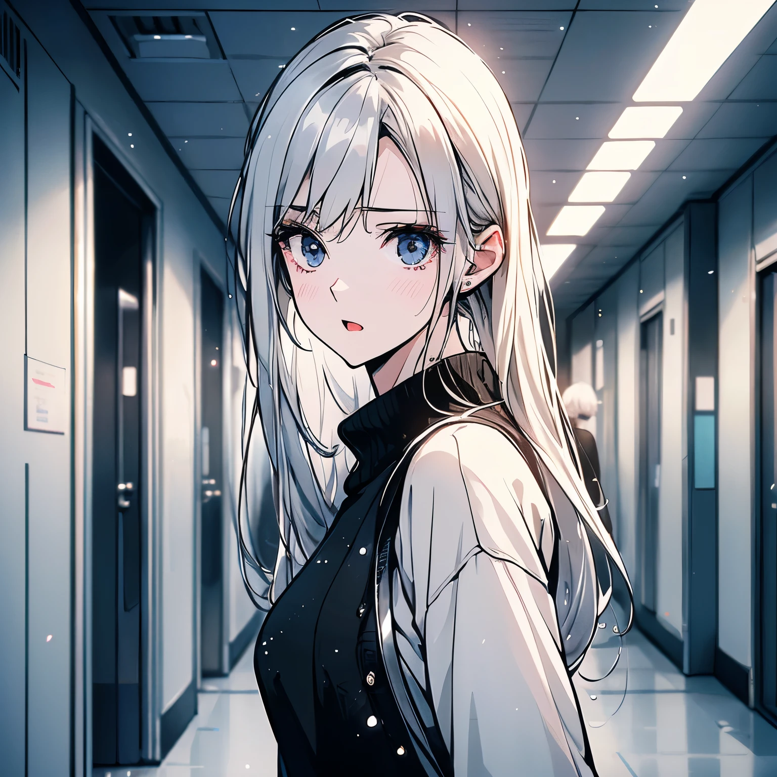 A white hair,20-year-old girl in a black sweater,Stand in the corridor of the hospital,Surprised expression,Open your mouth and yell,Panic,sweat(Upper body display:1.5)(cinematic lighting:1.5))(ultra-high detail:1.5)(best quality:1.5)