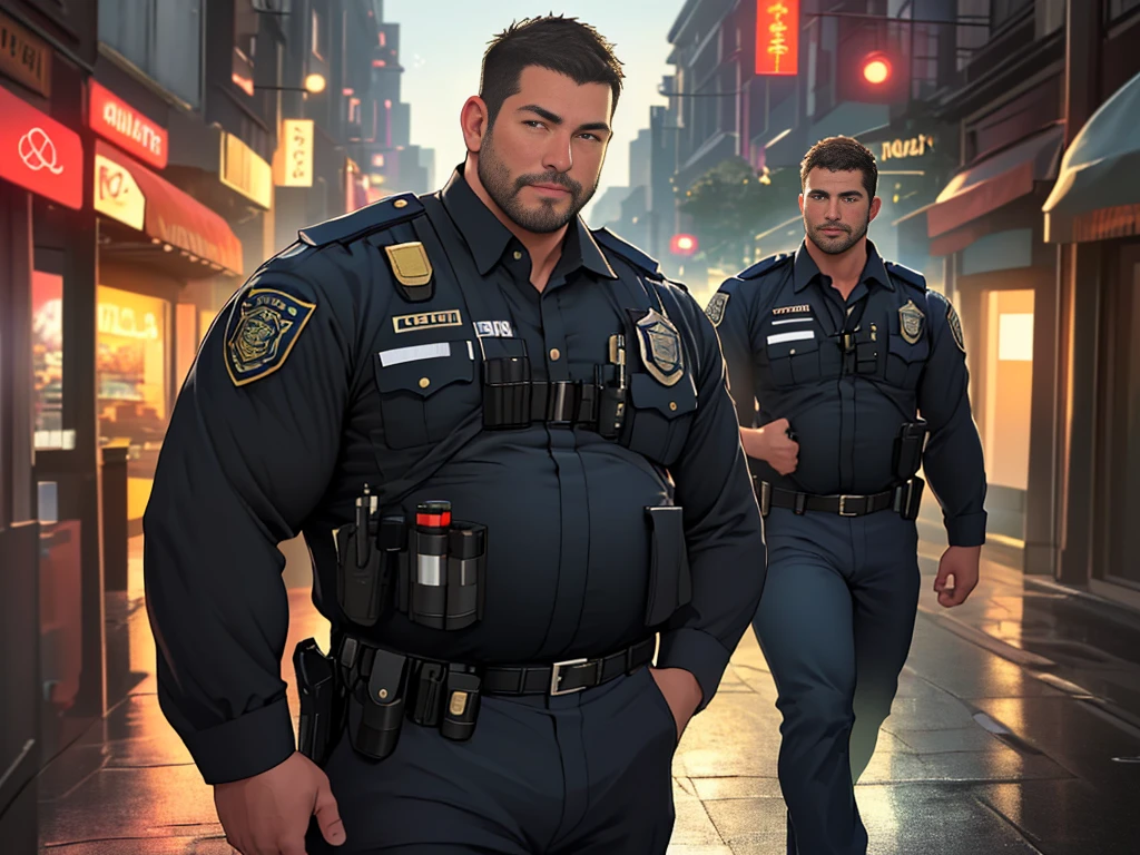 An award-winning original photo, 1 man, solo, (41 year old)), George Pei, Chris Redfield, ((daddy)), muscular male, round face, soft smirk, tall and hunk, best quality, masterpiece, high resolution:1.2, Dynamic Angle, volumetric lighting, (Best quality, A high resolution, Photorealistic), Cinematic lighting, Masterpiece, RAW photo, Intricate details, hdr, depth of field,brush cut,short detailed hair,fatness,double eyelid,slightly fat big breasts,(Best quality, A high resolution, Photorealistic), Cinematic lighting, Masterpiece, RAW photo, Intricate details, hdr, best quality, masterpiece, super high resolution, detailed background, realism, illustrations, single, 1 boy, street, muscle, volumetric lighting, depth of field, facial hair, full body, police uniform