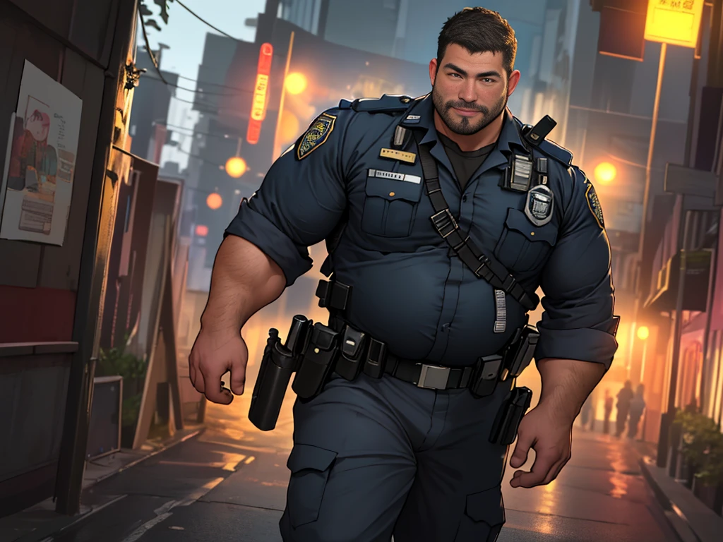 An award-winning original photo, 1 man, solo, (41 year old)), George Pei, Chris Redfield, ((daddy)), muscular male, round face, soft smirk, tall and hunk, best quality, masterpiece, high resolution:1.2, Dynamic Angle, volumetric lighting, (Best quality, A high resolution, Photorealistic), Cinematic lighting, Masterpiece, RAW photo, Intricate details, hdr, depth of field，brush cut，short detailed hair，fatness，double eyelid，slightly fat big breasts,(Best quality, A high resolution, Photorealistic), Cinematic lighting, Masterpiece, RAW photo, Intricate details, hdr, best quality, masterpiece, super high resolution, detailed background, realism, illustrations, single, 1 boy, street, muscle, volumetric lighting, depth of field, facial hair, full body, police uniform