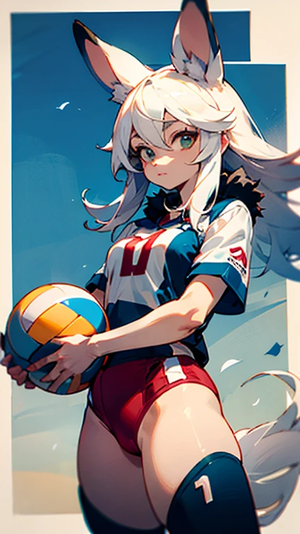 （dark skin,Silver Hair,Fox Girl）,(Perfectly detailed face),(Young) ,Volleyball Player,(((Volleyball Uniforms))),cameltoe,Sports Venues,sweaty,Smirk,High resolution, masterpiece, Highest quality, High resolution, Cowboy Shot