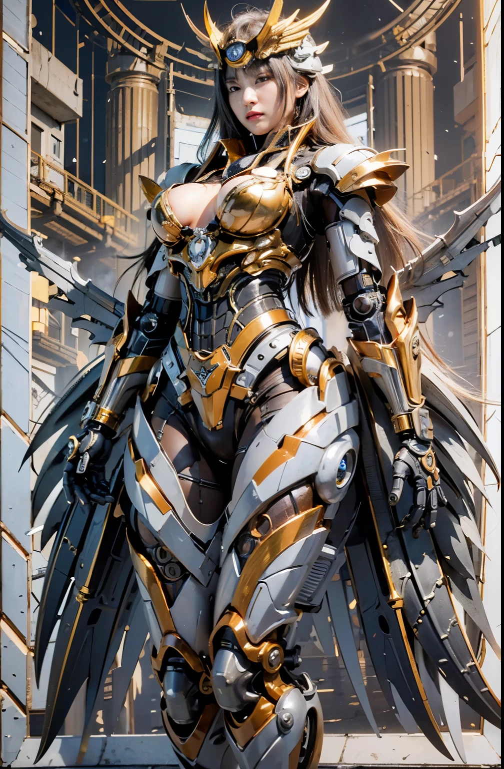 Masterpiece, (ultimate quality:1.2), 8k, Japanese woman in turtle-type powered suit, silver base with yellow and black accents, very beautiful face, mechanical, (mechanical bat wings), jet pack, hydraulic cylinder, power pipe, ultimately intricate details, full body shot, (ultimate photo Realistic:1.37), future metropolis at night, (Steampunk: 1.2), (Cyberpunk), Full body photo, Wide-angle shot