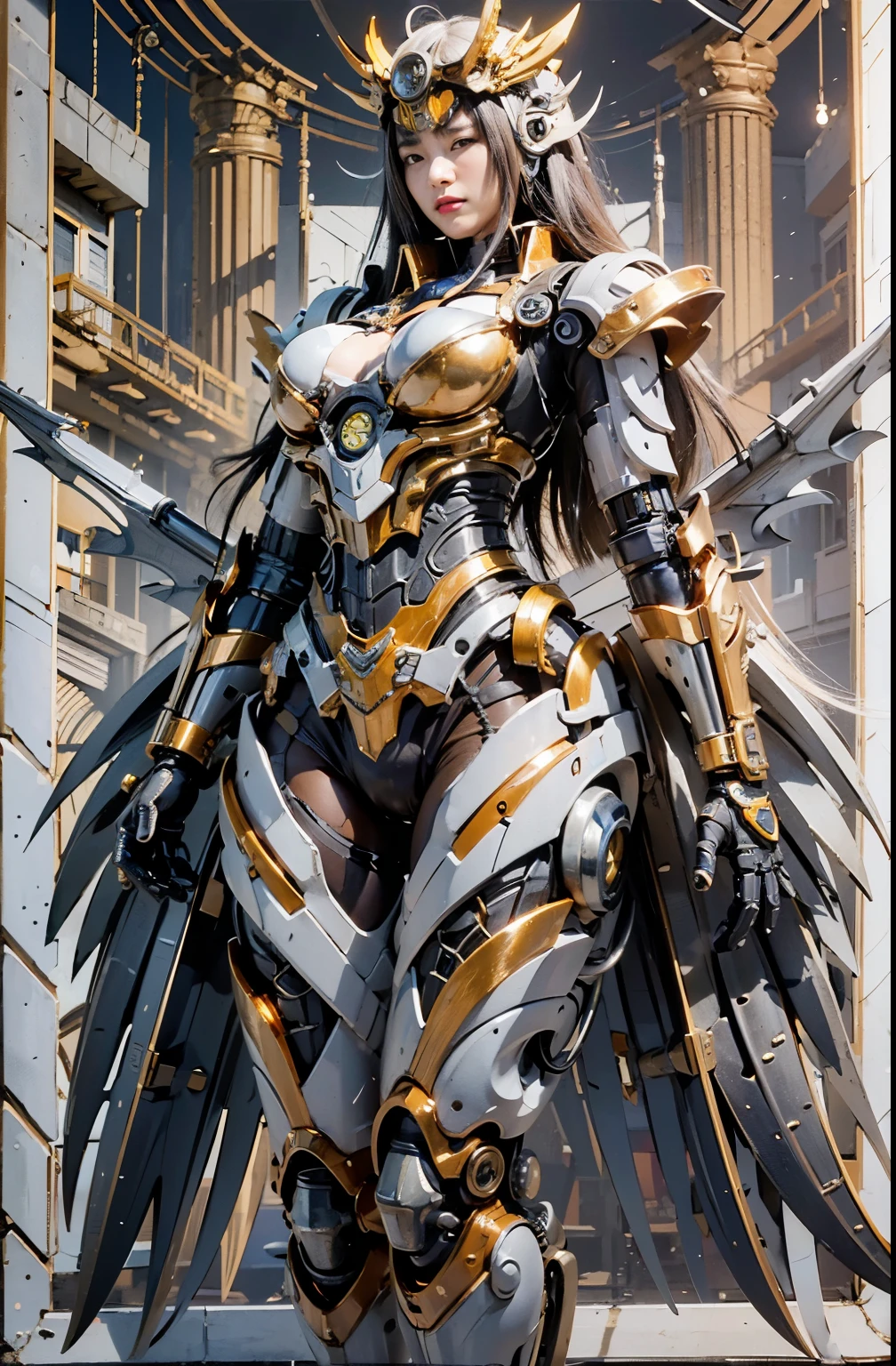 Masterpiece, (ultimate quality:1.2), 8k, Japanese woman in turtle-type powered suit, silver base with yellow and black accents, very beautiful face, mechanical, (mechanical bat wings), jet pack, hydraulic cylinder, power pipe, ultimately intricate details, full body shot, (ultimate photo Realistic:1.37), future metropolis at night, (Steampunk: 1.2), (Cyberpunk), Full body photo, Wide-angle shot