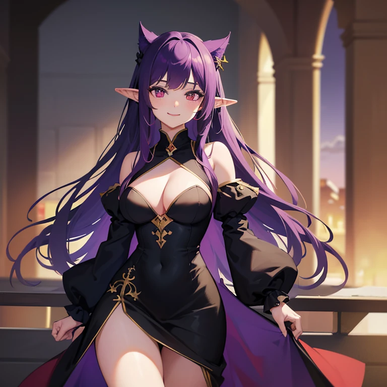 high resolution, highly detailed, perfect lighting, beautiful detailed eyes, ((masterpiece,best quality)), absurdres, medium breasts, smile, absurdres, ishtar-san, medium breasts, long_hair, looking_at_viewer, pointy_ears, purple_hair, red_eyes, solo, cowboy shot, standing, black dress, curvy,
