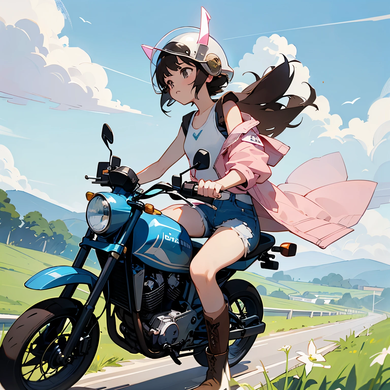 Highest quality、A girl is riding a white Super Cub、Dark brown short cut、(He is wearing a jet helmet with white and black lines running down the center of the helmet from front to back.、White tank top、Pink jacket、Denim shorts、White knee-high socks、Brown work boots:1.3)、Japanese countryside scenery、Road beside the stream、Small creek、Dirt Road、Weeds grow along the side of the road、Blue sky、White clouds floating、Early summer sky、