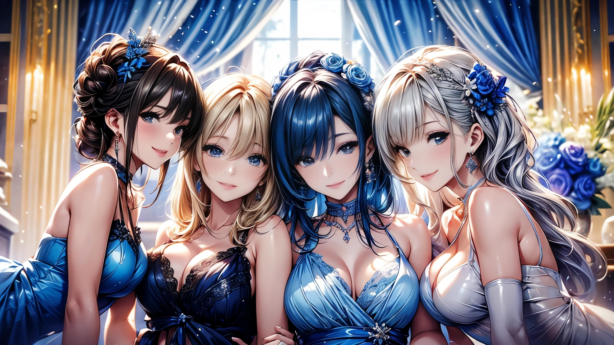 Girls in blue dresses pose for a photo, Happy birthday, happy birthday, happy birthday, happy birthday!!!