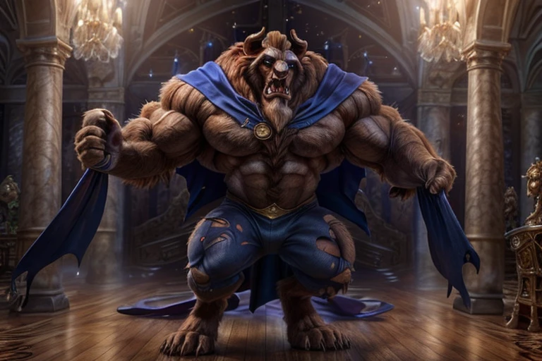 A photorealistic image of the Beast from the movie Beauty and the Beast, super muscular giant, with muscular arms, broad shoulders, giant and toned physique, bursting muscular veins, blue eyes, tail, super furry brown fur, horns facing backwards, roaring, barefoot, wearing a torn blue tuxedo, wearing a purple cape, in a ballroom, seen from the front