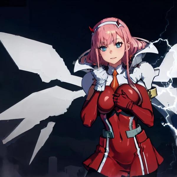 masterpiece, best quality, IncrsLowTier, electricity, glowing eyes zerotwo horns, hairband, necktie, red dress, pantyhose horns, hairband, red bodysuit, armlet, mecha horns, hairband, white bodysuit, white gloves, mecha peaked cap, red dress, white gloves, jacket on shoulders, pantyhose, cyber_armor body_suit,huge_breast, tall female, fulll body, sun light, smile,, sun aura,, boots, standing, smile, lips, red lips,{best quality}, {amazing quality} {best quality},{amazing quality},, {absurdres},{{highres}}, {very aesthetic}, {detailed}