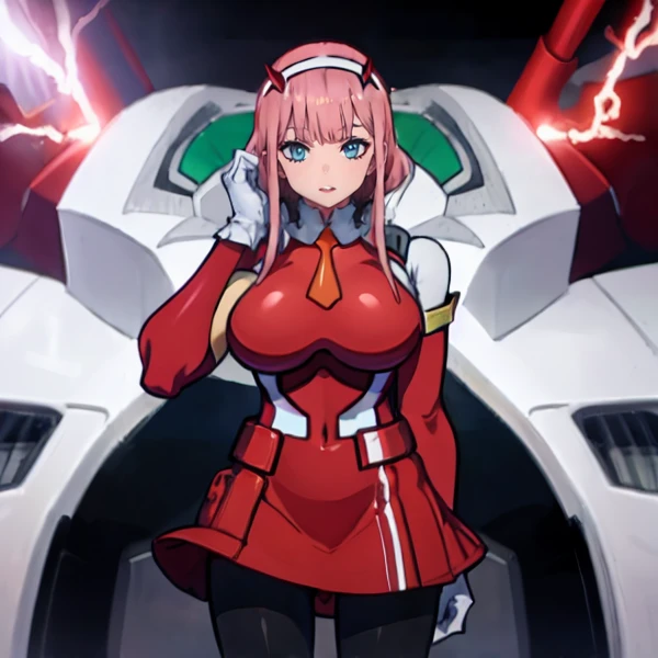 masterpiece, best quality, IncrsLowTier, electricity, glowing eyes zerotwo horns, hairband, necktie, red dress, pantyhose horns, hairband, red bodysuit, armlet, mecha horns, hairband, white bodysuit, white gloves, mecha peaked cap, red dress, white gloves, jacket on shoulders, pantyhose, cyber_armor body_suit,huge_breast, tall female, fulll body, sun light, smile,, sun aura,, boots, standing, smile, lips, red lips,{best quality}, {amazing quality} {best quality},{amazing quality},, {absurdres},{{highres}}, {very aesthetic}, {detailed}