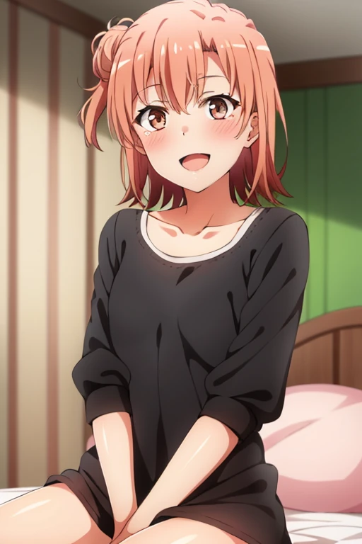 ((highest quality)), ((masterpiece)), (be familiar with), Perfect Face, indoor, Bedroom, Watching the audience,
One woman, Yuigahama Yui,
Open Mouth, Ecstatic expression, blush, smile,
Small breasts, Flat Chest, Young Girl, , , Girl,
Short Hair, Salmon-colored hair, Salmon-colored eyes, Side Pony,
Leg spread,