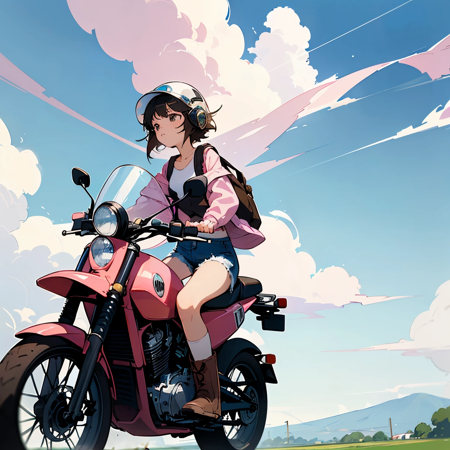 Highest quality、A girl is riding a white Super Cub、Dark brown short cut、(He is wearing a jet helmet with white and black lines running down the center of the helmet from front to back.、White tank top、Pink jacket、Denim shorts、White knee-high socks、Brown work boots:1.3)、Japanese countryside scenery、Road beside the stream、Small creek、Dirt Road、Weeds grow along the side of the road、Blue sky、White clouds floating、Early summer sky、