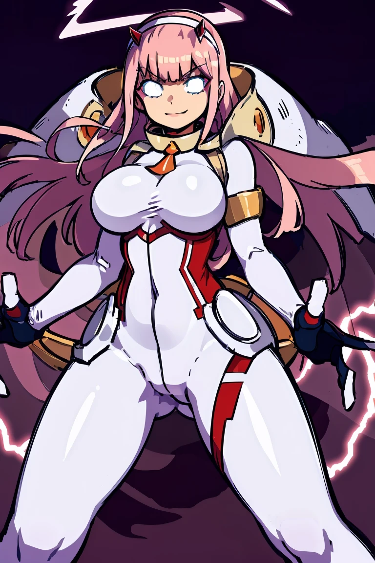 masterpiece, best quality, IncrsLowTier, electricity, glowing eyes zerotwo horns, hairband, necktie, red dress, pantyhose horns, hairband, red bodysuit, armlet, mecha horns, hairband, white bodysuit, white gloves, mecha peaked cap, red dress, white gloves, jacket on shoulders, pantyhose, cyber_armor body_suit,huge_breast, tall female, fulll body, sun light, smile,, sun aura,, boots, standing, smile, lips, red lips,{best quality}, {amazing quality} {best quality},{amazing quality},, {absurdres},{{highres}}, {very aesthetic}, {detailed}
