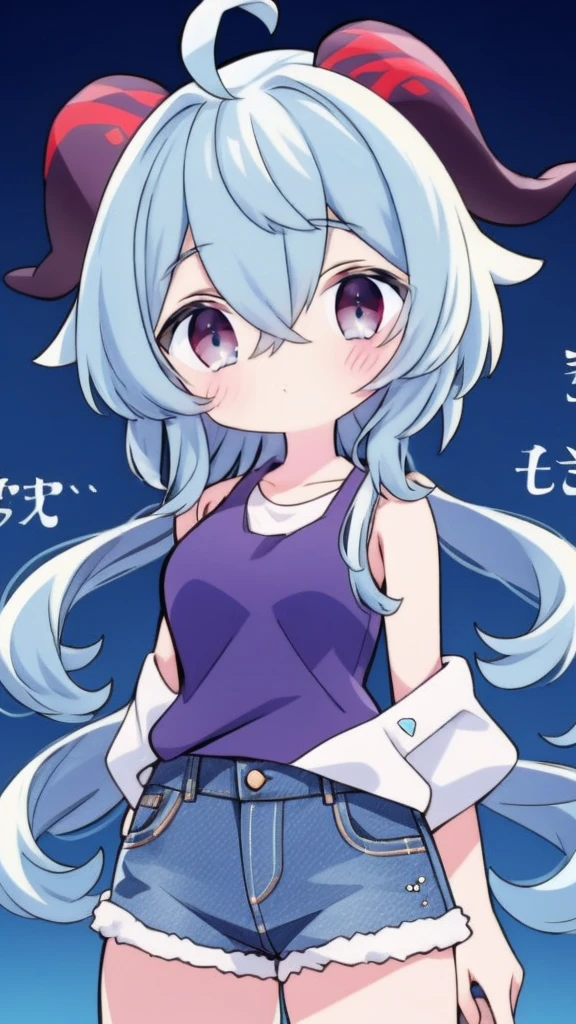 1 girl, solo, Ganyu (Genshin), chest, horns, long hair, blue hair, ahoge, looking at camera, holding, blushing, bangs, absolute territory, purple eyes, medium breasts, goat horns,, very long hair , standing, closed mouth, , side lock, cowboy shot, fluffy, red eyes, hair between the eyes, (colorful cloud background blur) 1.2, fluffy, soft, ((best quality)), ( Highly detailed, top details, official art, beauty, aesthetics: 1.2), text frame depth, composition, ((blue striped tank top)), denim shorts,