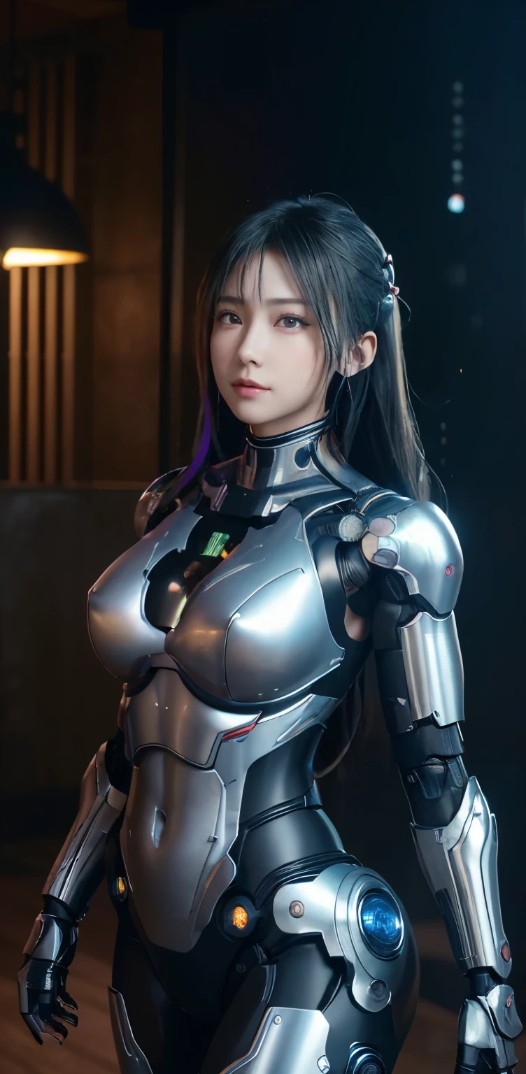 masterpiece、((Black metallic tar scale ))、 ((Plug Suit)), ((beautiful girl:1.2))、I have an armed, mechanized body,、No armoured mechanised armour chest and abdomen、Mechanized back of the head、Body-fitting mecha leg rack metallic suit、 Are standing、Tied up、金属robot、((Cyberpunk Background))、(Neon Light)、(Futuristic Machine Factory Background)、Cyberdyne、Artificial body、All-metal body、Ironwork、Abdominal Mechanism、((robotアームとハンド))、((robotの脚))、((Machine Neck))、Inside the spaceship、beautiful girl、、Asian Beauty, (Actuators and cables exposed from the abdomen.、金属robotの首から胴体まで接続、Complex 3d rendering beautiful porcelain profile super become closed female android face、cyborg、robot部品、150mm、Beautiful studio soft light、Rim Light、Sharp details、Gorgeous Cyberpunk、Ren Hao、超Realistic、Anatomical、Facial muscles、Cable Wire Microchip、elegant、Beautiful background、Octane Rendering、HR Giger Style、8k、highest quality、masterpiece、Consciousness upward、Very delicate and beautiful、 非常にbecome closeなCG、Unity、wall-、(Realistic、Realistic:1.37)、wonderful、become close、masterpiece、highest quality、Official Art、Highly become closed CG Unity 8k wallpaper、Absurd、信じられないほどAbsurd、、robot、Silver beads、Whole Body Ezbian、 Are standing