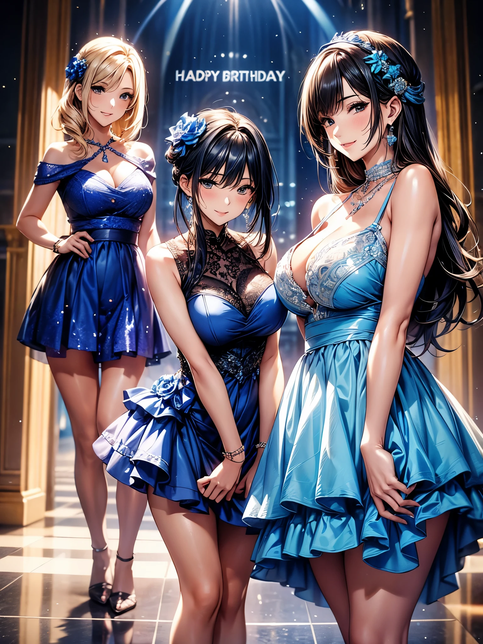 Girls in blue dresses pose for a photo, Happy birthday, happy birthday, happy birthday, happy birthday!!!