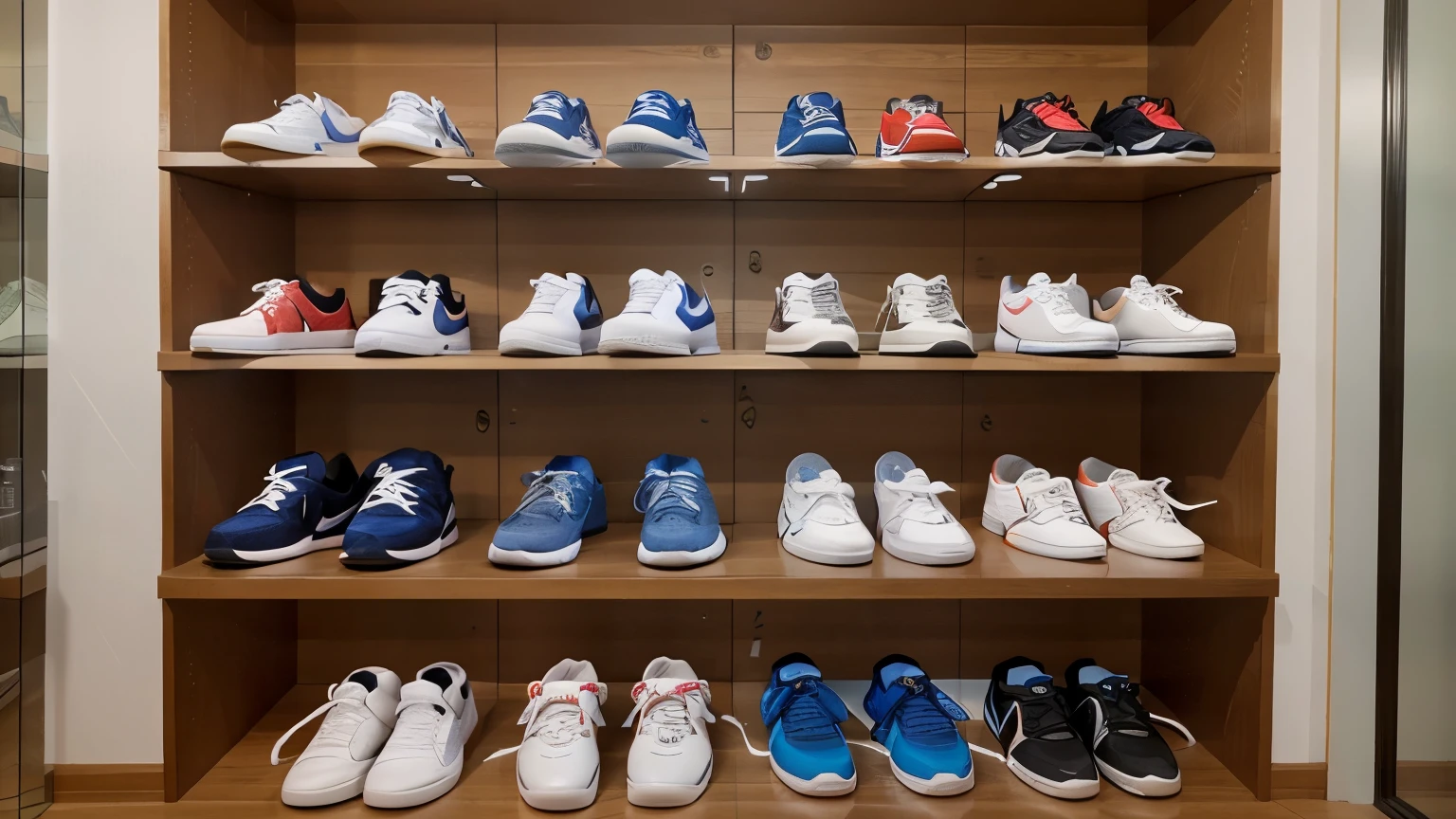 there are open beautiful shelves on the wall, Nike sneakers are on the shelves, very mongo sneakers on the shelves, Many models, sneakers standing sideways, with highlight