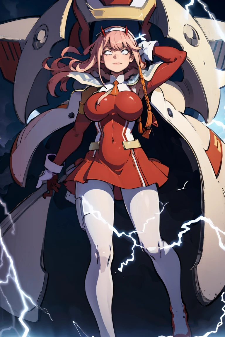 masterpiece, best quality, IncrsLowTier, electricity, glowing eyes zerotwo horns, hairband, necktie, red dress, pantyhose horns, hairband, red bodysuit, armlet, mecha horns, hairband, white bodysuit, white gloves, mecha peaked cap, red dress, white gloves, jacket on shoulders, pantyhose, cyber_armor body_suit,huge_breast, tall female, fulll body, sun light, smile,, sun aura,, boots, standing, smile, lips, red lips,{best quality}, {amazing quality} {best quality},{amazing quality},, {absurdres},{{highres}}, {very aesthetic}, {detailed}